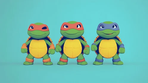 Playful turtle trio in bright masks on turquoise stage.