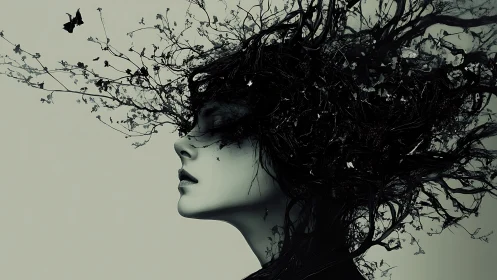 Whispering branches escape a dreaming monochrome muse.