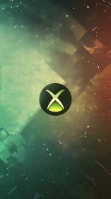 Xbox emblem glows amid abstract green and amber shards.