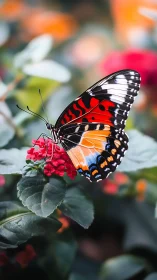 Vibrant butterfly resting on red blossoms in soft bokeh garden.