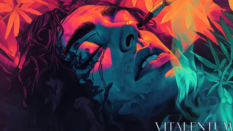 Neon-lit surreal portrait with cannabis leaves and syringe.