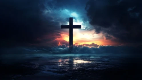 Cross silhouette stands over reflective water at sunset