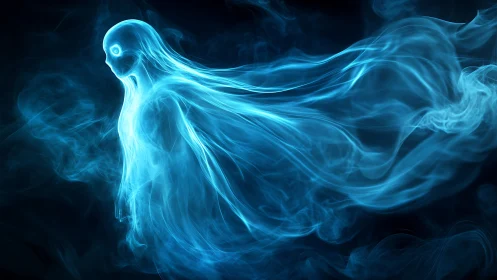 Translucent blue spectral figure forms from dynamic smoke