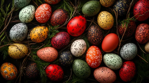 Speckled woodland eggs scattered in lush evergreen nests.