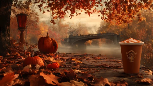 Cinematic autumn riverside with pumpkins and branded coffee cup