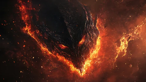 Fiery demonic face emerging from molten darkness flame.
