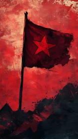 Crimson banner with star amid abstract stormy textures.