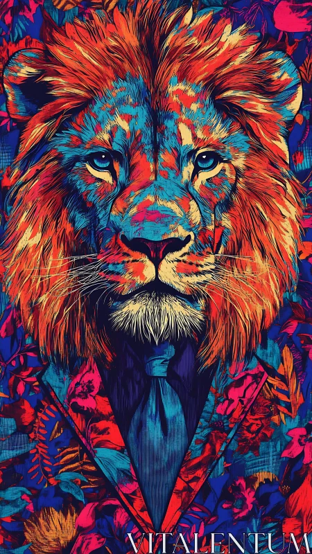 Neon jungle lion in a floral suit of midnight swagger.