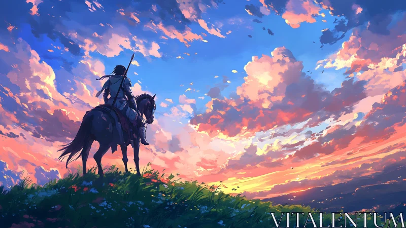 Sunset clouds crown a lone rider’s quiet hilltop vigil