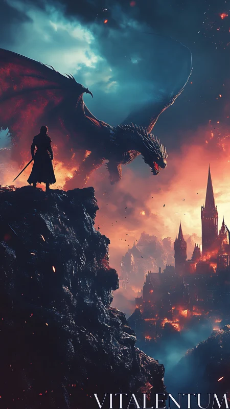 Dragon-ravaged citadel burns as lone warrior confronts doom.