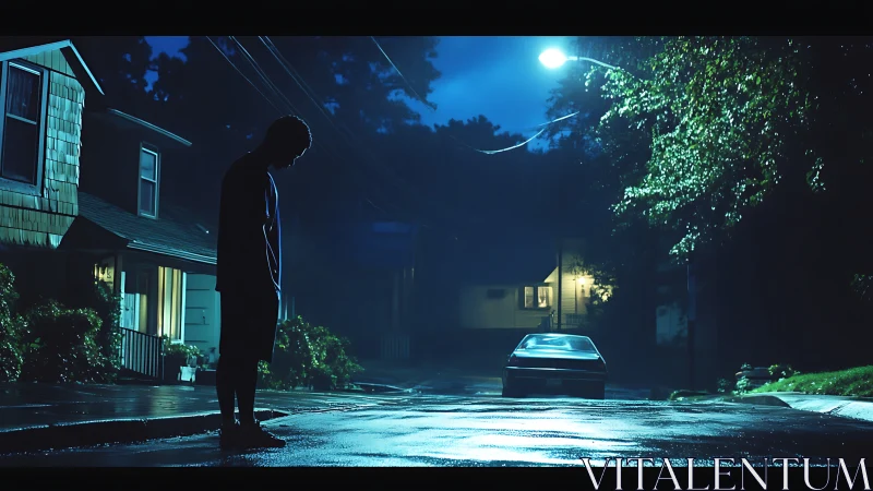 Solitary figure on wet suburban street under blue night light.