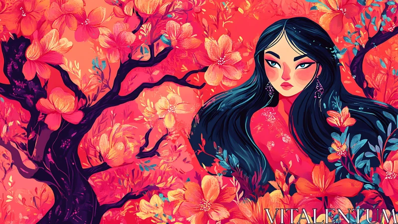 Flourishing blossoms surround a serene woman in vivid color