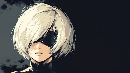 Stylized anime portrait with masked heroine and stark contrast.