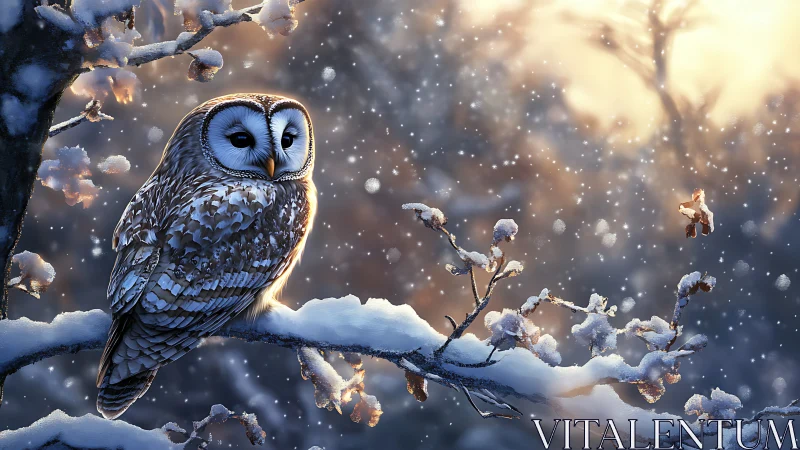 Barred owl perched on snowy branch in serene winter forest scene.