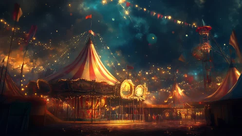 Nocturnal carnival scene with illuminated carousel and dense bokeh lighting
