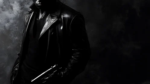 Midnight leather glimmers as the silent gunman waits