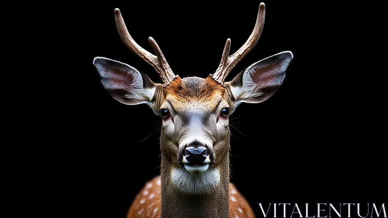 Symmetrical frontal portrait of a young stag on black ground