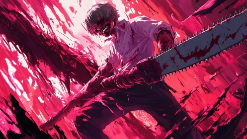 Blood soaked figure wielding massive chainsaw in red scene.