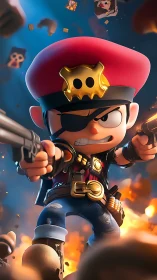 Cartoon pirate gunfighter charges through explosive battle.