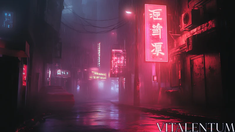 Rain soaked neon alley glows with dense cyberpunk atmosphere