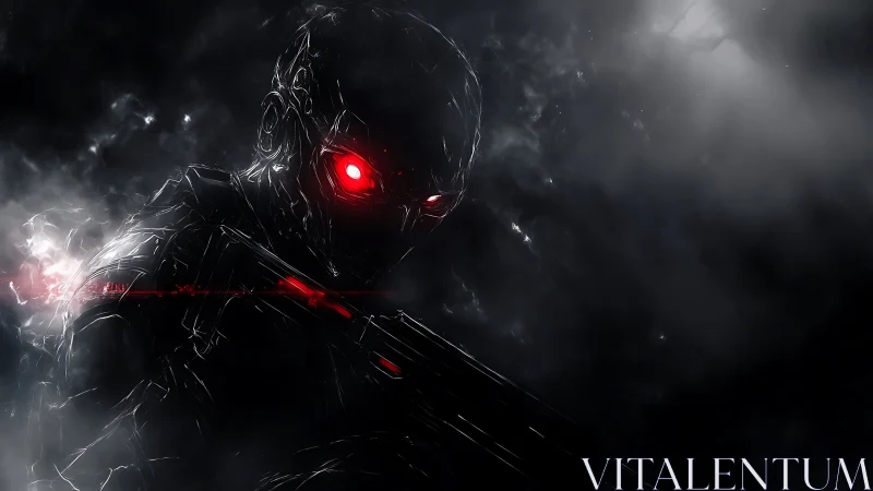 Red-eyed midnight cyborg stalks the stormlit void.