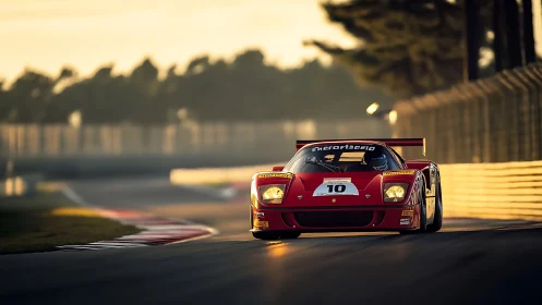 Red racing car on closed circuit at low sun angle.