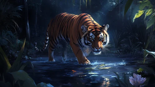 Tiger moves through shallow jungle water under cool moonlight