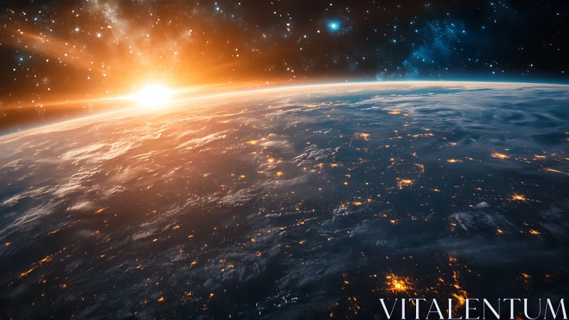 Sunrise ignites Earth&rsquo;s night lights beneath star-swept skies.