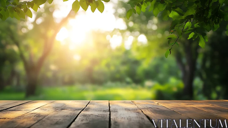 Sunlit Wooden Table with Lush Green Nature Background, Soft Focus.