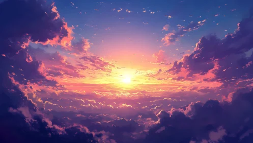 Radiant sunrise above clouds in luminous digital skyscape.