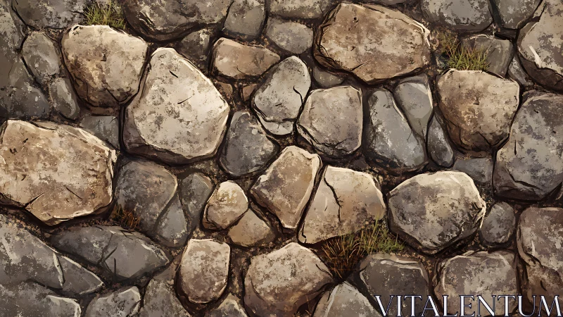 Weathered cobblestone ground texture with mossy infill details.