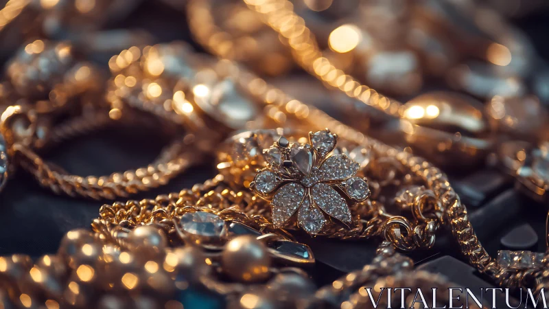 Gold jewelry collection with central floral diamond pendant.