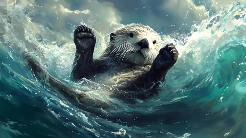 Sea otter in dynamic ocean waves under cloudy sky.