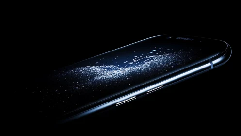 Curved smartphone display showcases luminous galaxy particles.