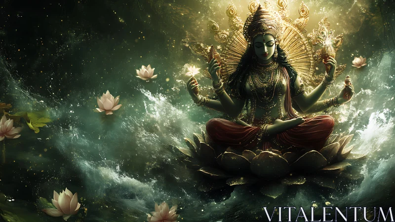 Multi-armed deity sits on lotus amid turbulent luminous water