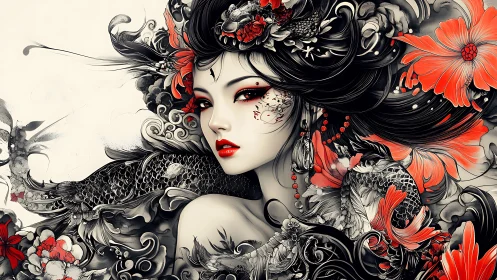 Digital painting portrait with koi, florals, and flowing hair.