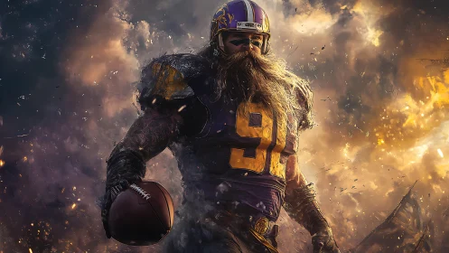 Gridiron warlord strides through stormlit embers of glory.