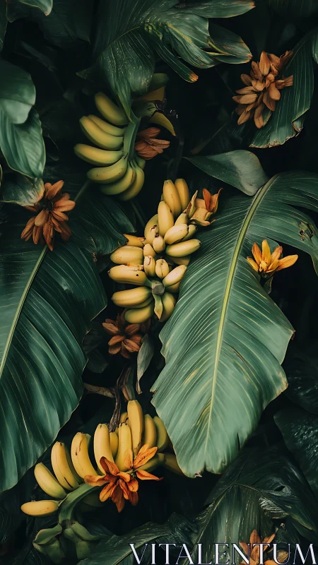 Ripe banana clusters emerge under dense, glossy tropical foliage