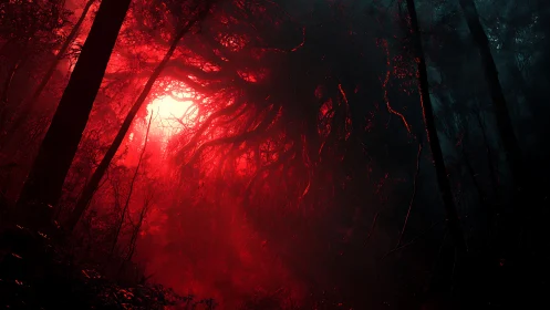 Glowing red forest core with dark organic tendrils looming.