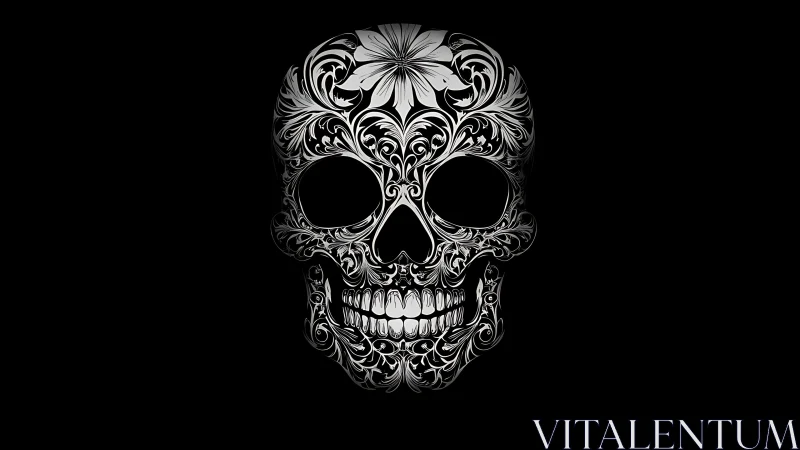 Ornate monochrome skull with floral scrollwork design.