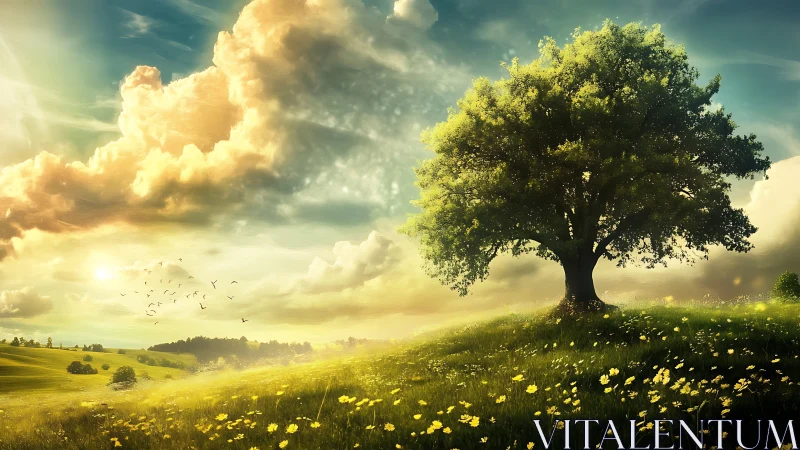 Luminous lone tree on sunlit meadow under dramatic sky.