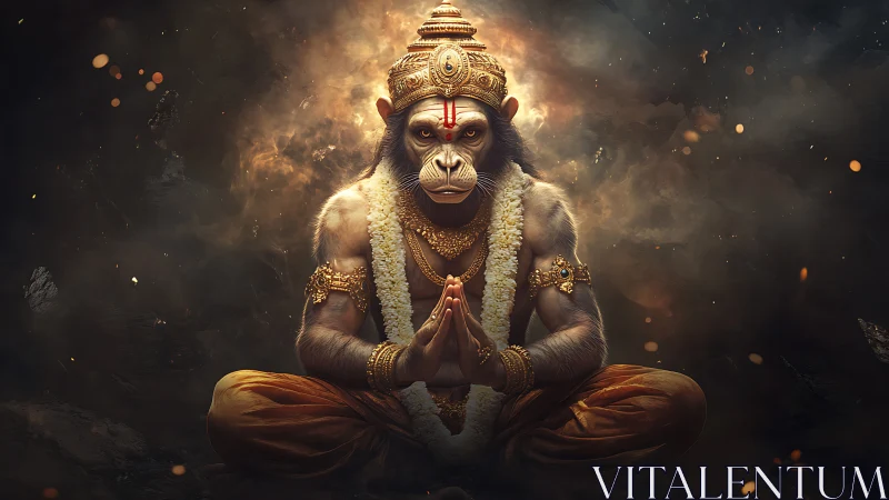 Divine monkey figure in prayer pose with burning backdrop.