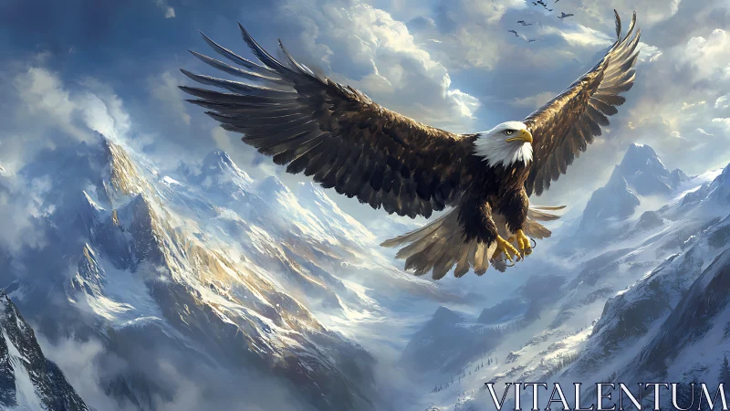 Majestic Bald Eagle Soaring Over Snowy Mountain Peaks, Realistic Art.