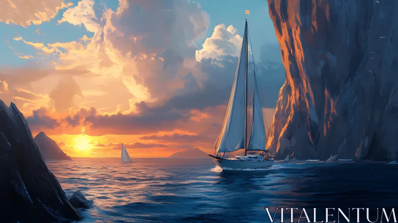 Sunlit sailboat cuts cobalt sea beside burning cliffs.