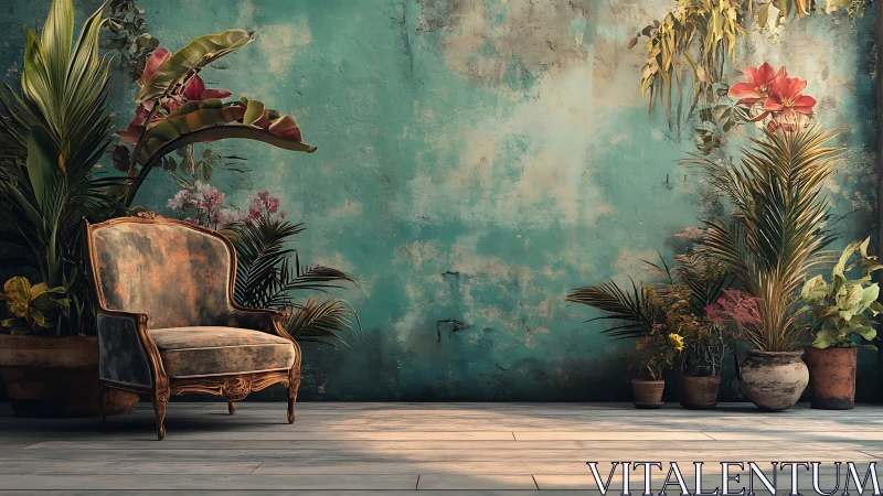 Vintage velvet armchair rests beside lush indoor plants