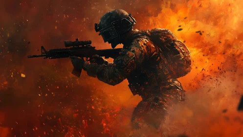 Battle-hardened soldier advances through raging firestorm