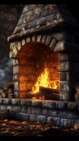 Fireplace with Blazing Fire Burning Inside Stone Archway