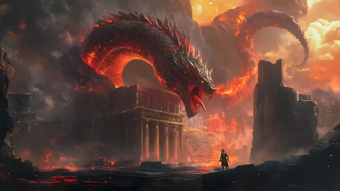 Colossal lava serpent over ruins confronting lone figure.