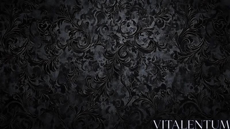 Dark damask wallpaper shows glossy baroque floral swirls.