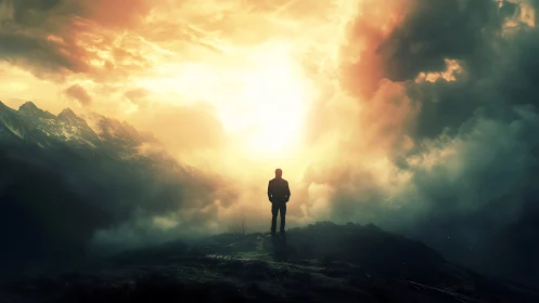 Solitary figure before blazing mountain sunrise portal.